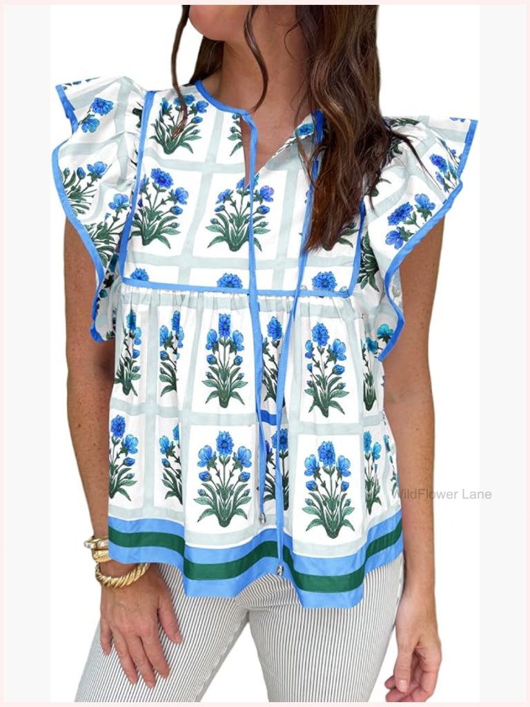 V Neck Ruffle Cap Sleeve Peplum Babydoll Blouse Floral Flowy Shirt